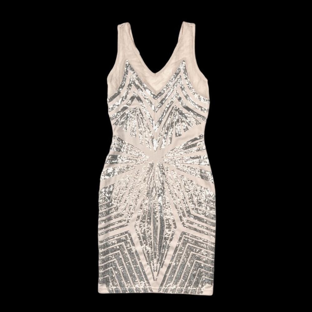 Eden Metallic Foil Sequin Tan/Silver Beaded Mini Dress | Size XS